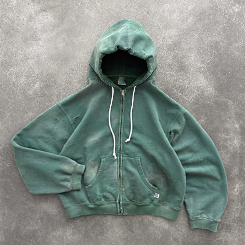 Washed Distressed Full-Zip Hoodie – Custom Logo Vintage Streetwear