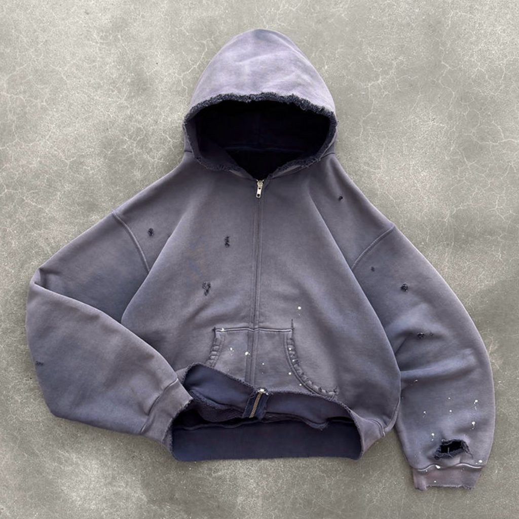 Washed Distressed Full-Zip Hoodie – Custom Logo Vintage Streetwear